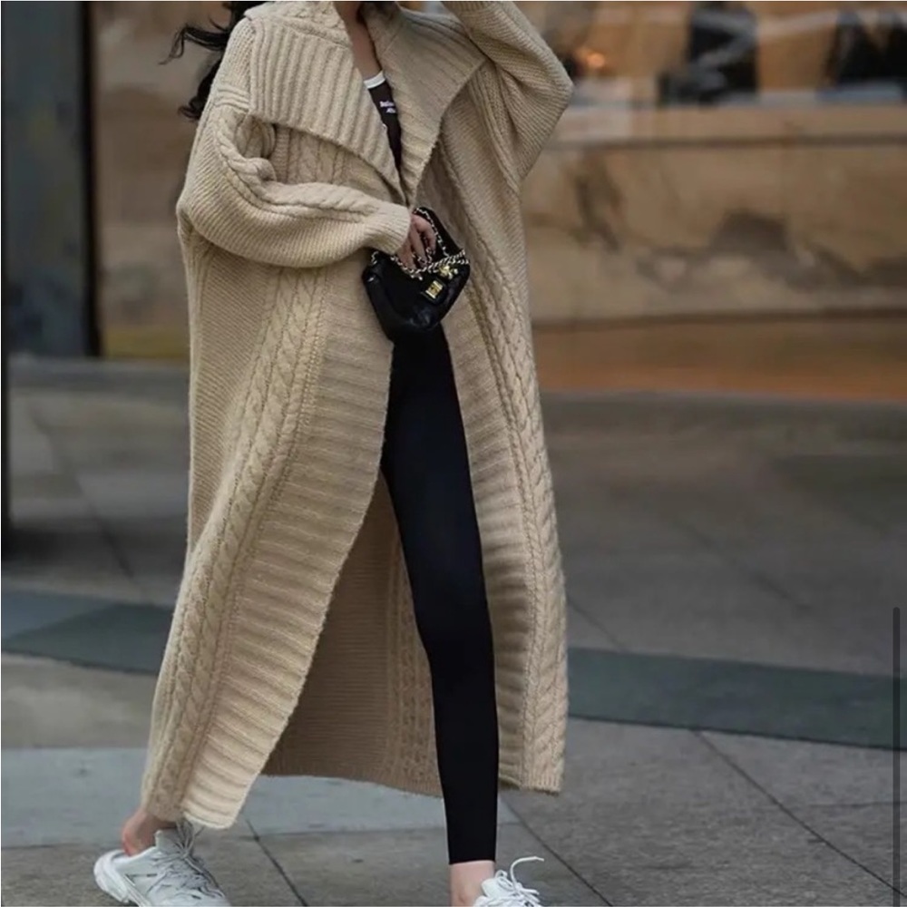 148. Maxi COST 🛑oversized Tan beige Cardigan Sweater Chunky Long Cable Duster - Picture 8 of 12